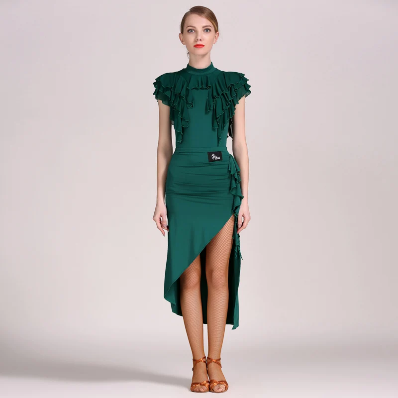 Новинка года костюм для латинских танцев тренировочный комплект динамическое платье с рукавами Лотос Высокое качество Лидер продаж - Цвет: Blackish green