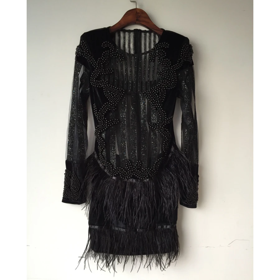 

Sale HIGH QUALITY Newest Fashion 2019 Designer Women's Long Sleeve Luxurious Beading Sequins Feather Perspective Mini Dress