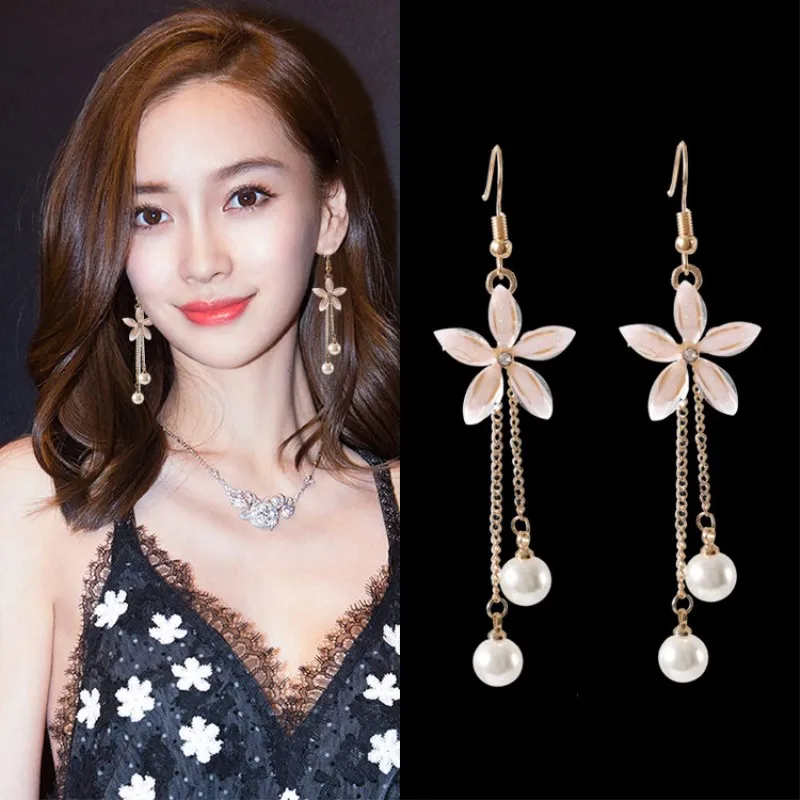 

EK229 Elegant Temperament Personality Long Simulated Pearl Pendant Drop Earrings Flowers Simple Dangle Earrings Female Jewelry
