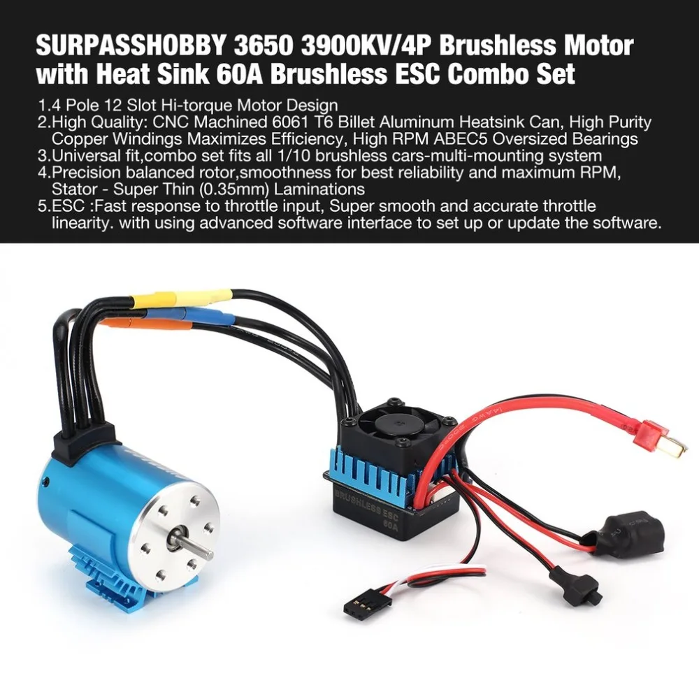 

SURPASSHOBBY 3650 3900KV/4P Brushless Motor with Heat Sink 60A Brushless ESC Combo Set for 1/10 RC Car Spar Parts Accessories