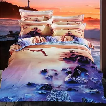 

FS-759 100% Cotton Oil Painting Style Foggy ocean rocks and small dolphins print 3D bed cover set 4pcs