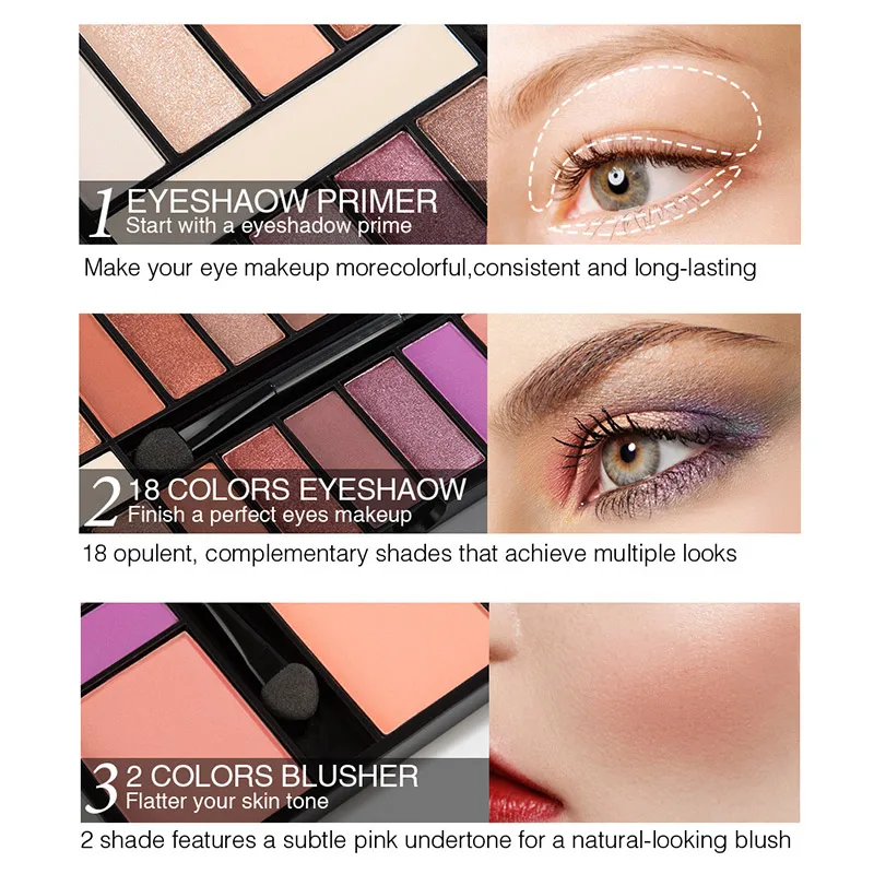 3 in 1 Makeups Kit 18 Colors Eyeshadow 2 Blush 1 Eyeshadow Primer CD88
