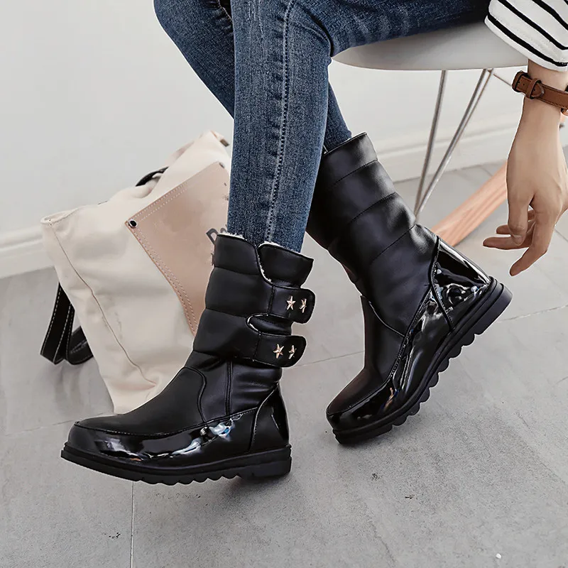 

YMECHIC 2018 Ladies Plush Plus Size White Black Pink Womans Shoes Winter Star Rivet Buckle Hook Flat Heel Ankle Snow Boots Shoe