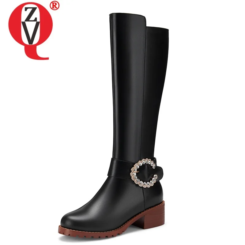 

ZVQ winter new concise genuine leather woman shoes outside mid heels zip round toe high boots plus size crystal ladies shoes