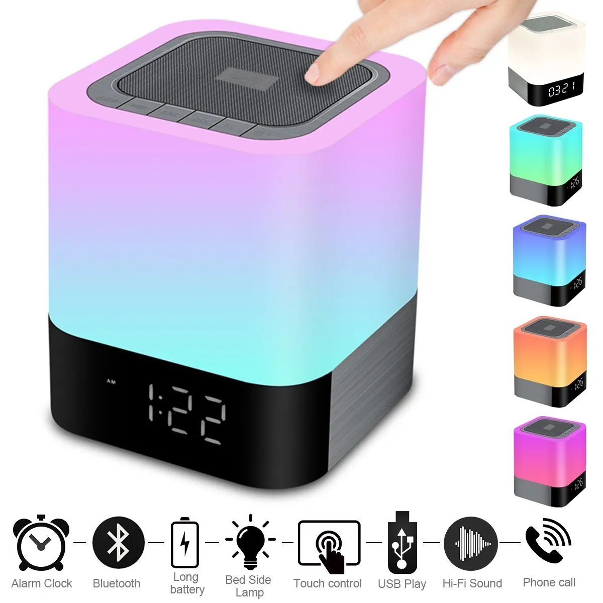 Billig Tragbare Drahtlose Bluetooth 4,0 Lautsprecher Big Sound Schwere Basis RBG Ändern Farbe Dimmbare Warmes Licht Lampe Alarm uhr Hand