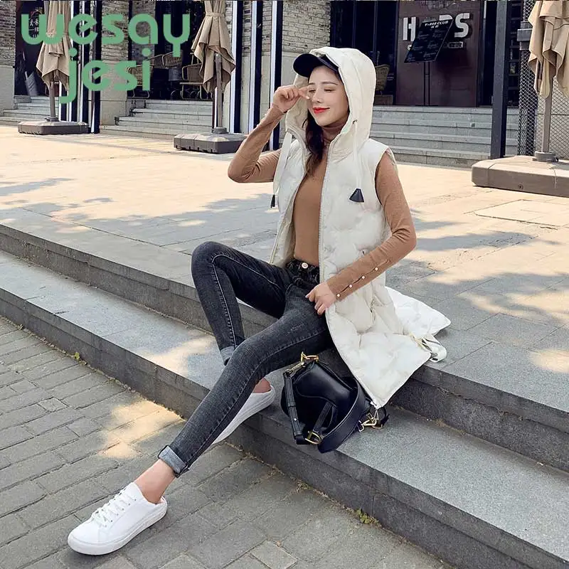 Women winter vest  Autumn Winter thick zipper warm waistcoat vest Casual solid long style hooded sleeveless vest coat plus size