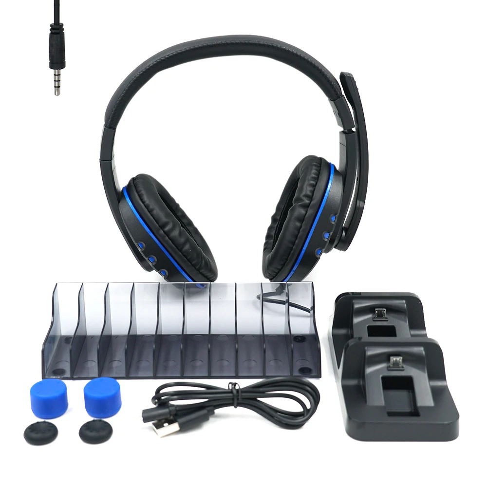 

DOBE 5 IN 1 Game Pack with Headset Charging Dock Silicon Cap Dual Charging Dock Charging Cable for PS4/PS4 Slim/PS4 Pro