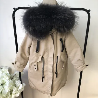 Xlong/ветрозащитные куртки с натуральным мехом для маленьких девочек теплые парки с хлопковой подкладкой и кроличьим мехом Зимние Пальто с воротником и капюшоном из натурального меха для мальчиков