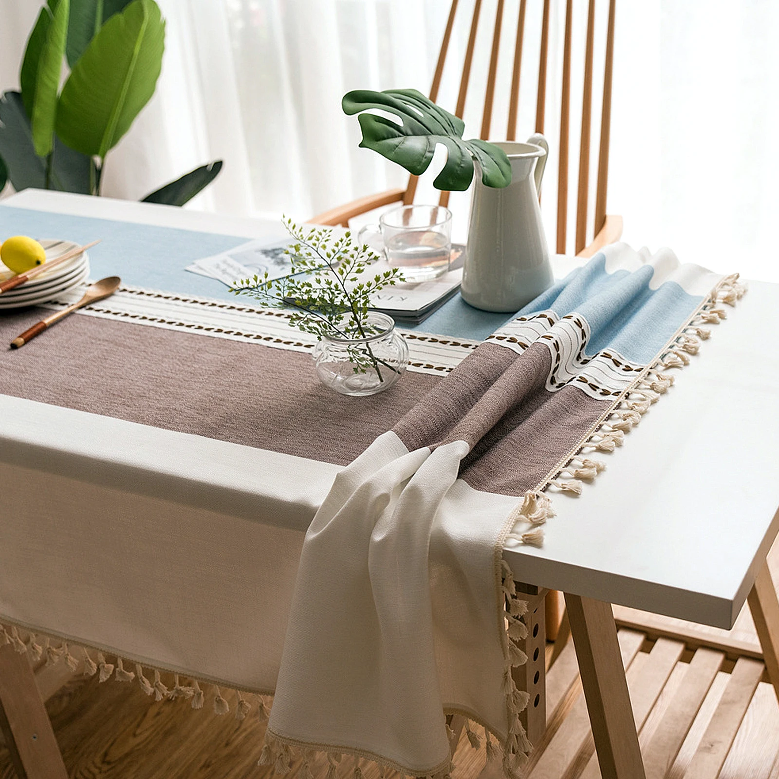 

1pcs Small Fringed Cotton Linen Tablecloth Green Striped European Minimalist Tablecloth Blue Plaid Tablecloth Home Textile