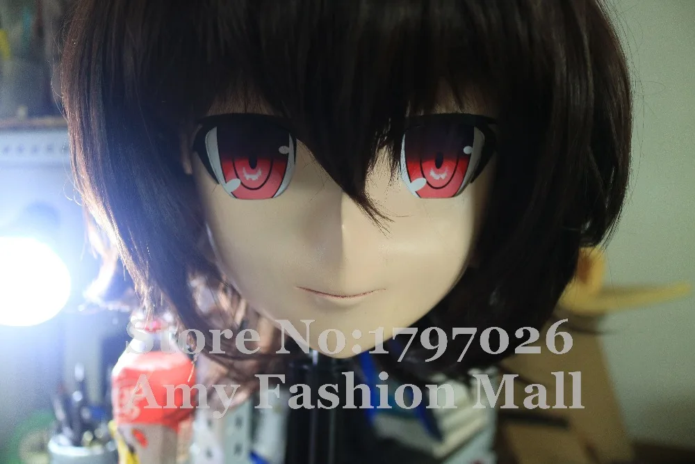 100% Handmade Silicone Full Head Kigurumi Masks Cosplay Pink Eyes Brown Hair Crossdresser Kigurumi Mask with Wig Can Customized