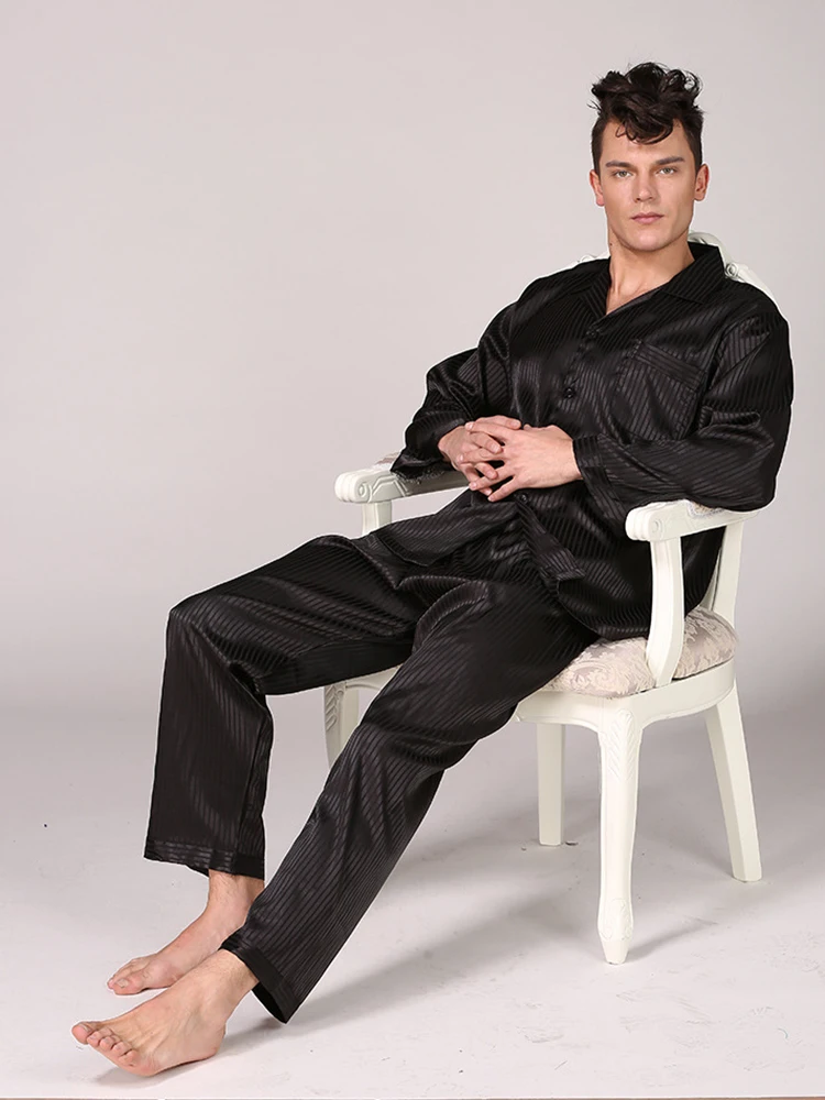 Для мужчин Ночное пижамы для девочек с длинным рукавом в полоску комплект из 2 предметов пижамы мужчин женщин Pijama Hombre пикантны