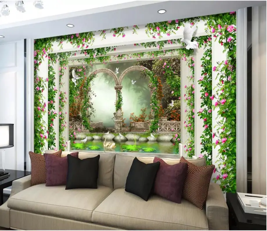 

3d Photo Wall paper Flower vine idyllic Roman column TV sofa background wall painting Modern Custom 3D Wallpaper