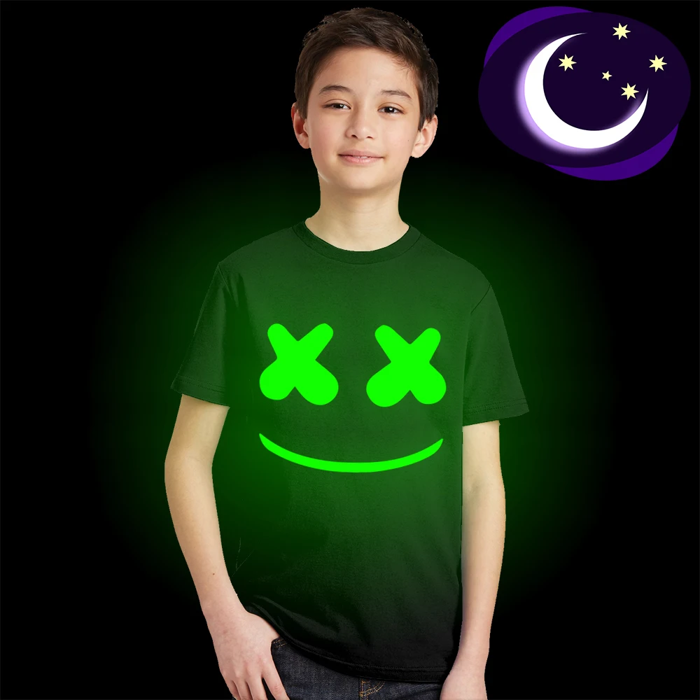 

Luminous Marshmello Face Kid T Shirt Glow In Dark Child Vegas Rage T-shirt Fluorescent Boy Girl Tshirt DJ Club Life Plur Edm Edc