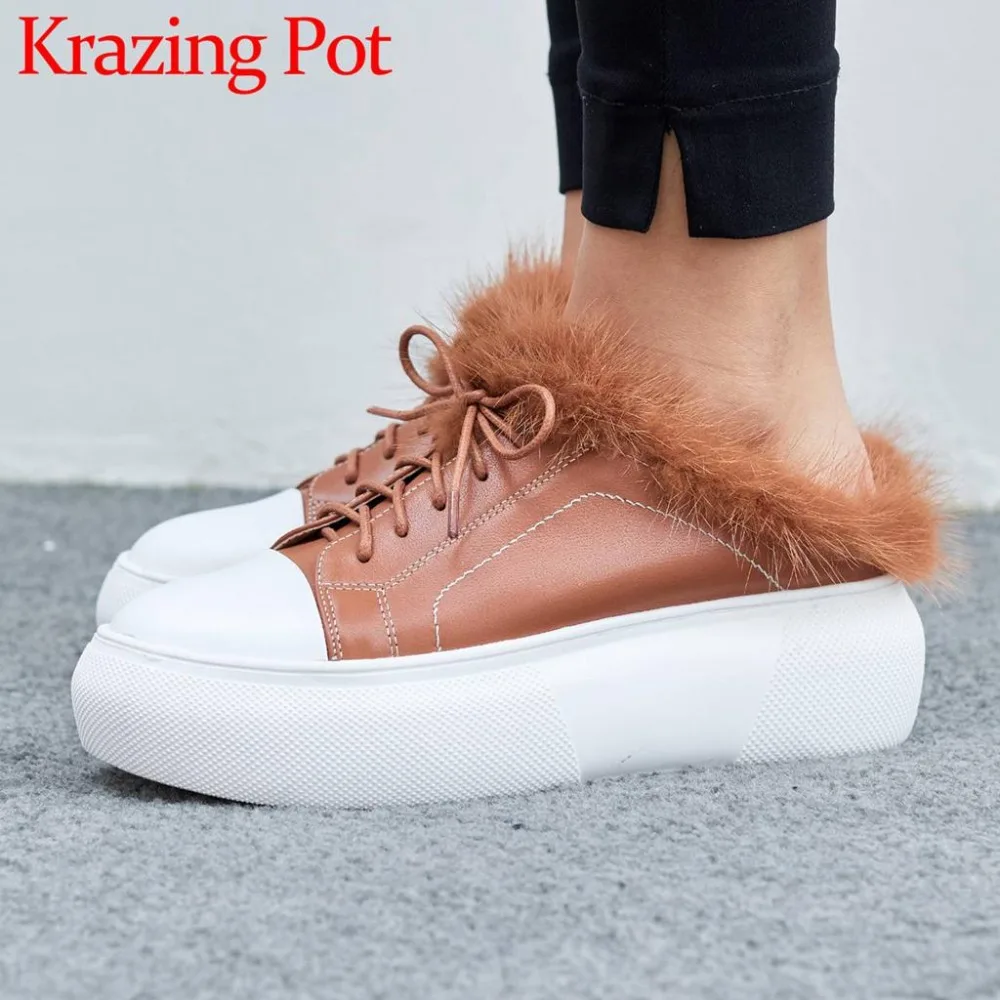 

2018 simple style slip on mixed colors slip on genuine leather bowtie soft luxury mink fur mules movie stars warmful shoes L91
