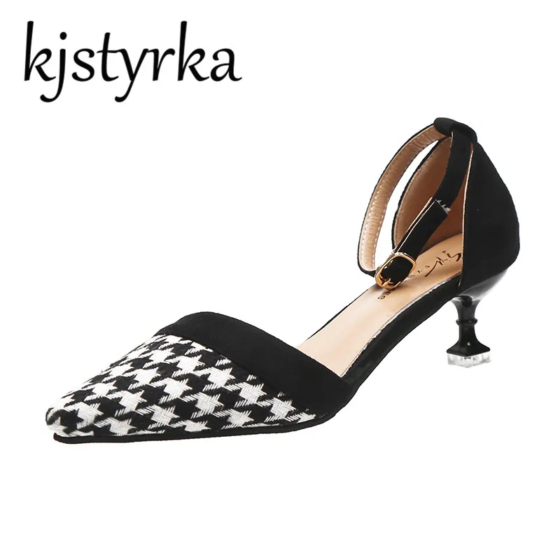 

Kjstyrka Vintage 2018 Spring Summer New Women Med heels sandals female pointed Toe buckle Strap Office Ladies Pumps Party Shoes