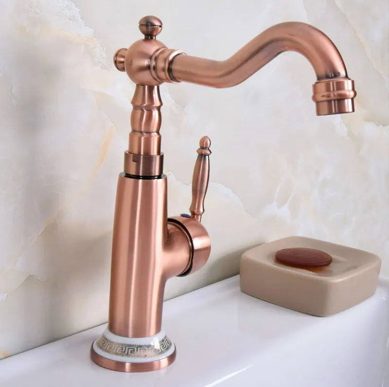 Antique Red Copper Brass Ceramic Base Kitchen Wet Bar Bathroom Vessel Sink Faucet Single Hole Swivel Spout Mixer Tap anf628