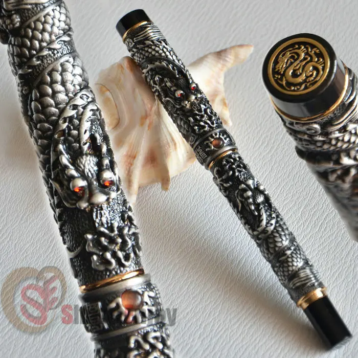 Шариковая ручка JINHAO старая серая с двумя бусинами DRAGON PLAY медная золотым и