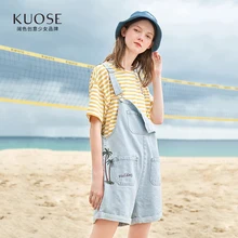 KUOSE женский джинсовый комбинезон с ремнем, повседневный Свободный комбинезон на подтяжках, штаны с вышивкой синего цвета