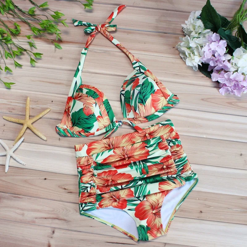 

Plus Size 3XL XXXL Women's Sexy triangle Print Halter High Waist Bathing Beachwear Bikinis Sets Biquini Swimsuits Suits Swimwear