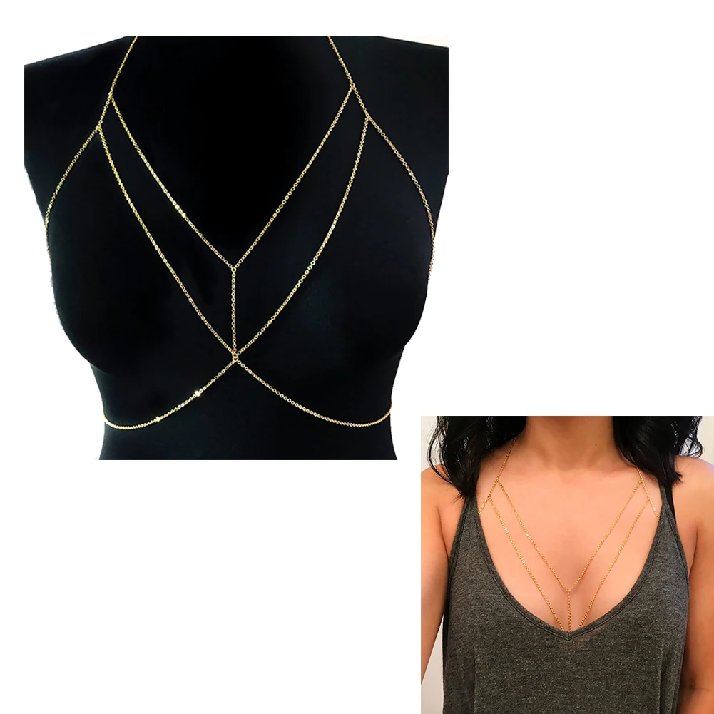 

New High Quality Women Rhinestone Crystal Gold/Silver Cross Body Chain Fashion Charming Bra Chest Chain Jewelry