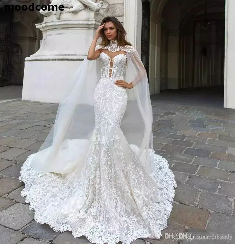 2019 Mermaid Wedding Dresses Sheer Neck Lace Bridal Gowns With Cape vestido de novia Boho Plus Size Dress | Свадьбы и торжества