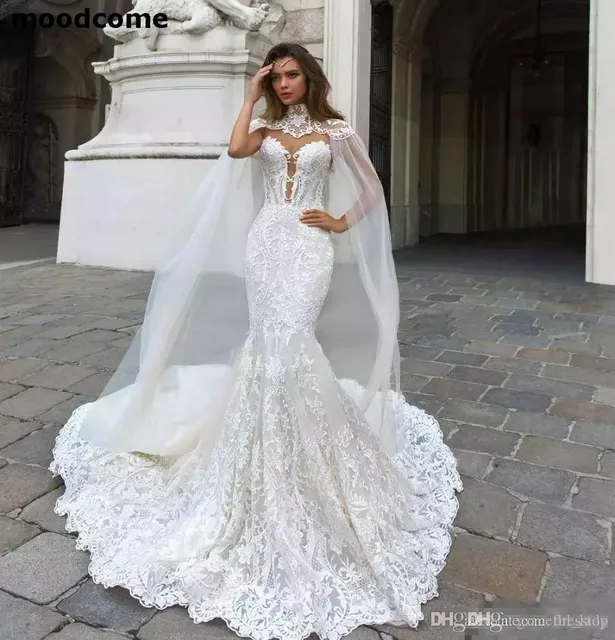 2019 mermaid wedding dresses sheer neck lace bridal gowns with cape