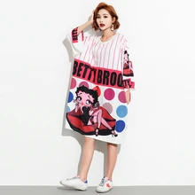 Новые дизайнерские Повседневное сладкие девочки полосатый белый Костюмы Для женщин летом длинные прямые Лидер продаж свободные забавная футболка