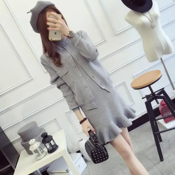 

2019 Winter Women Knitted Jacket Suits+Sleeveless Fishtail Dress 2 Piece Sets Cashmere Sweater Ruffles Mermaid Vestido DV66