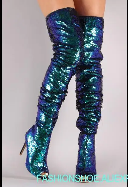 

Fashion sequined peep toe over knee thigh high woman boots stage performance night club thigh high sequined lady boots US size