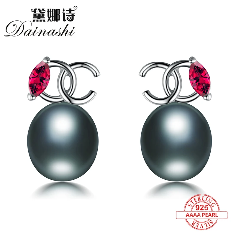 

Dainashi Fashion women 925 sterling silver black pearl stud earrings with red AAA zircon packed by exquisite box fine jewelry