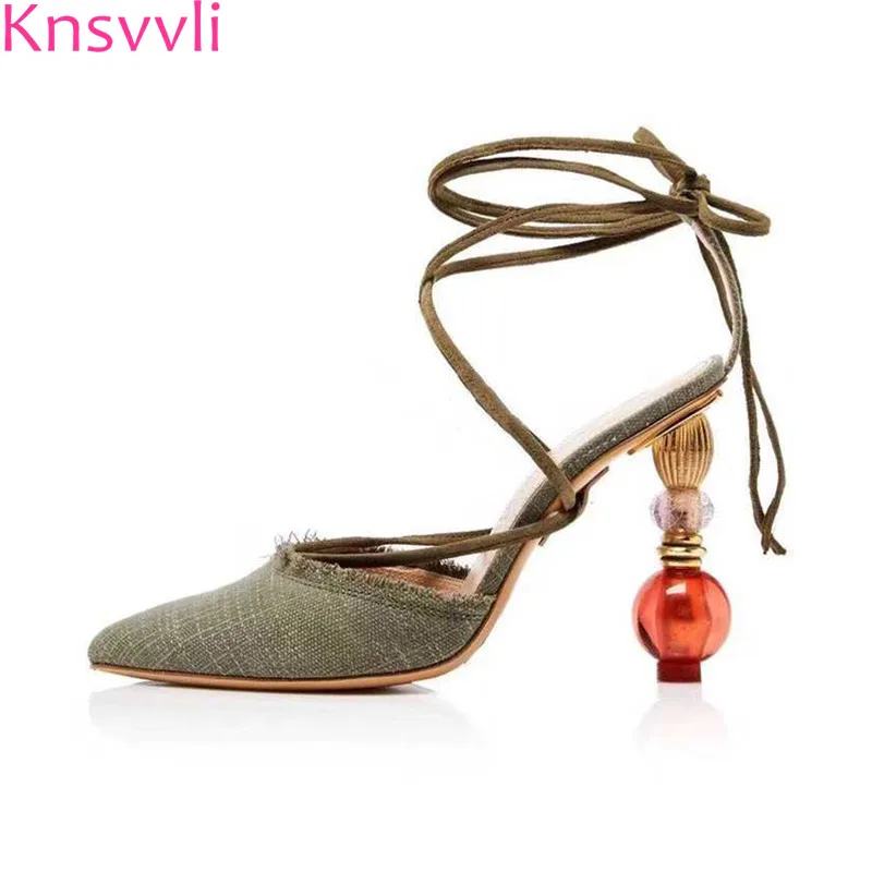 

Knsvvli newest strange style heel women pumps pointed toe cross tied sexy runway shoes slingback high heel sandals banquet shoes