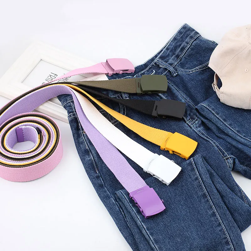 

Hot Sale New Smooth Buckle Canvas Belt Unisex Solid Color Wild Alloy Buckle Jeans Waist Belts Women Waistband Harajuku Long Belt