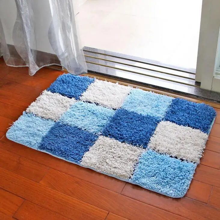 Soft BLUE Plaid Plush Shaggy Carpet Parlor Living Room Bedroom Rugs