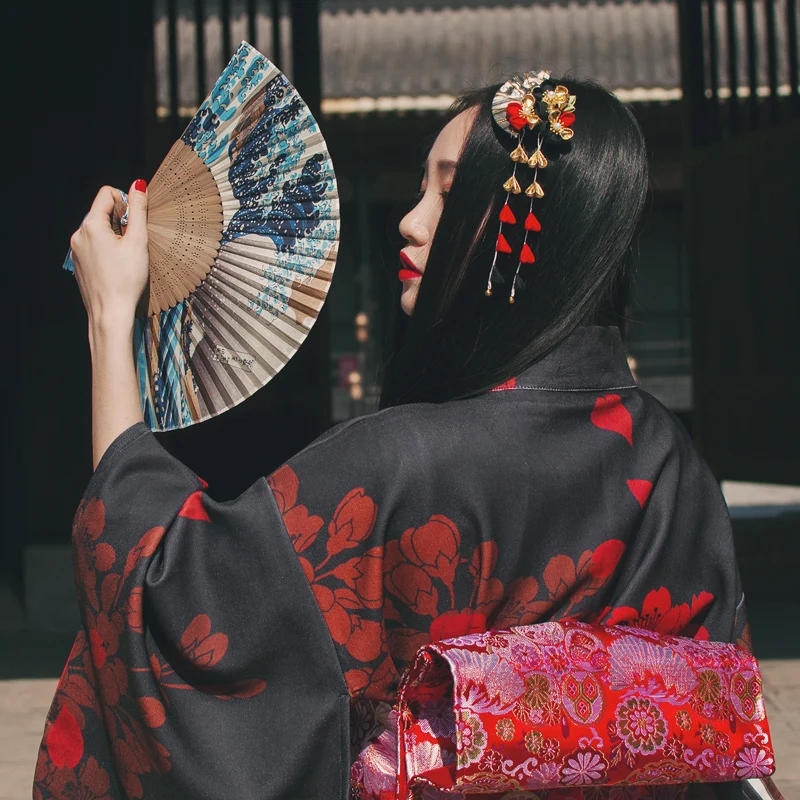 Японский стиль, винтажный веер с цветочным узором, аксессуары для волос, подвеска, Черное золото, двойные цветы, изысканные украшения для волос