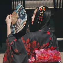 Японский стиль, винтажный веер с цветочным узором, аксессуары для волос, подвеска, Черное золото, двойные цветы, изысканные украшения для волос