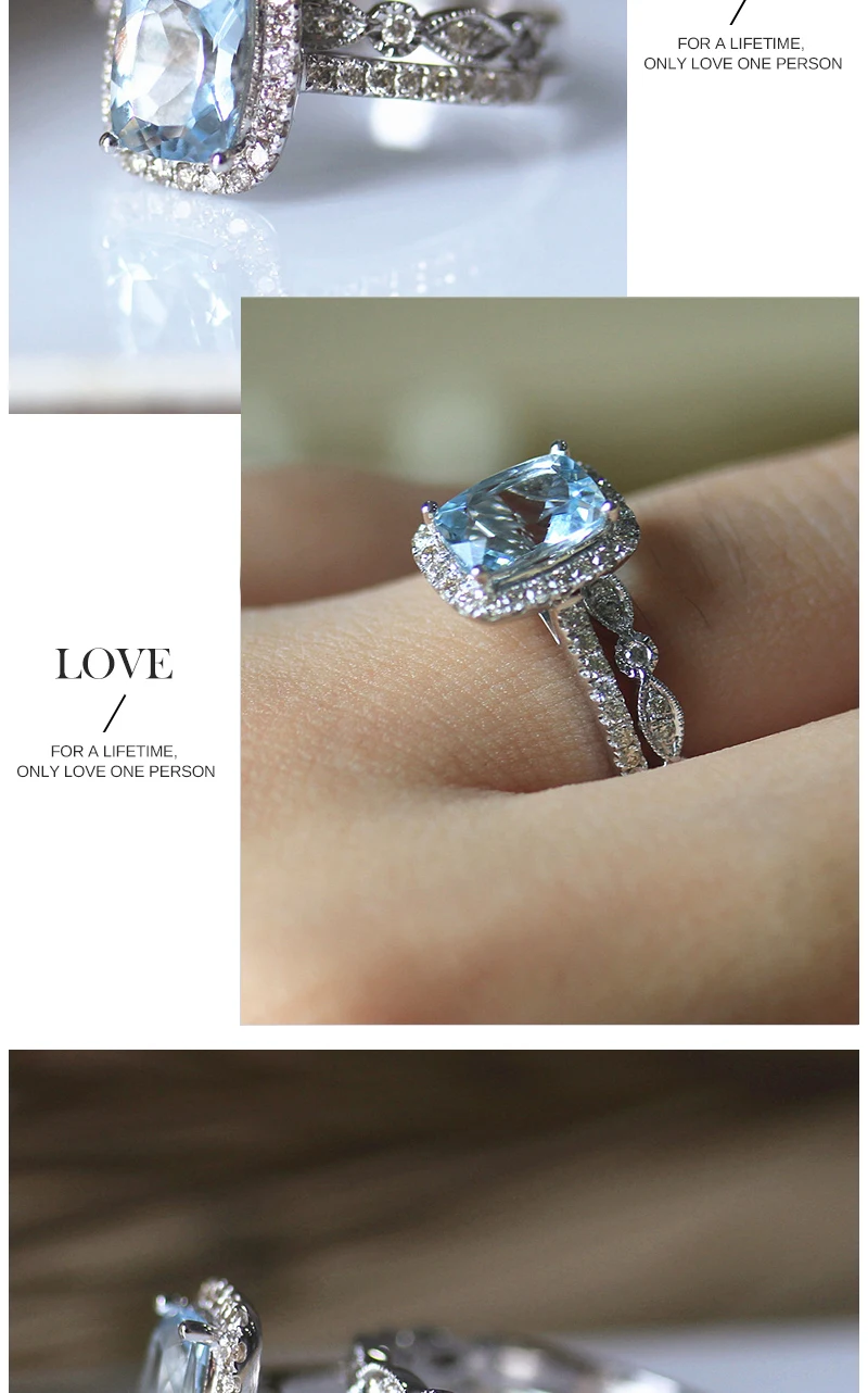 DUPUY 6*8mm Cushion Cut Aquamarine Engagement Ring Set Half Eternity Diamonds Wedding Ring Set 14K White Gold 2pcs Bridal Set
