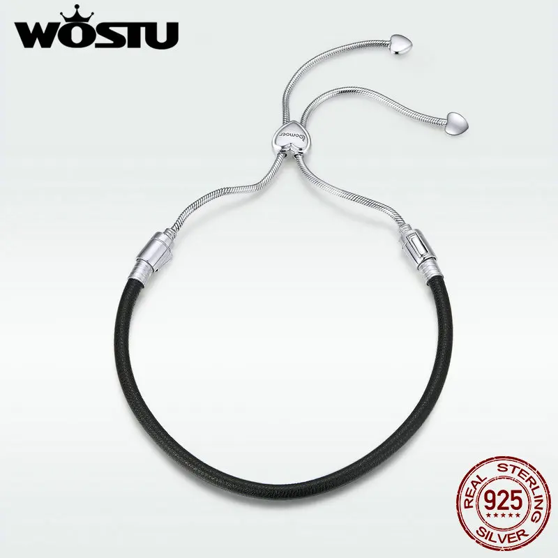 

WOSTU Real 925 Sterling Silver Leather Black Bracelets Lace Up Vintage Bracelets Chain Link For Women Luxury Jewelry Gift DXB120