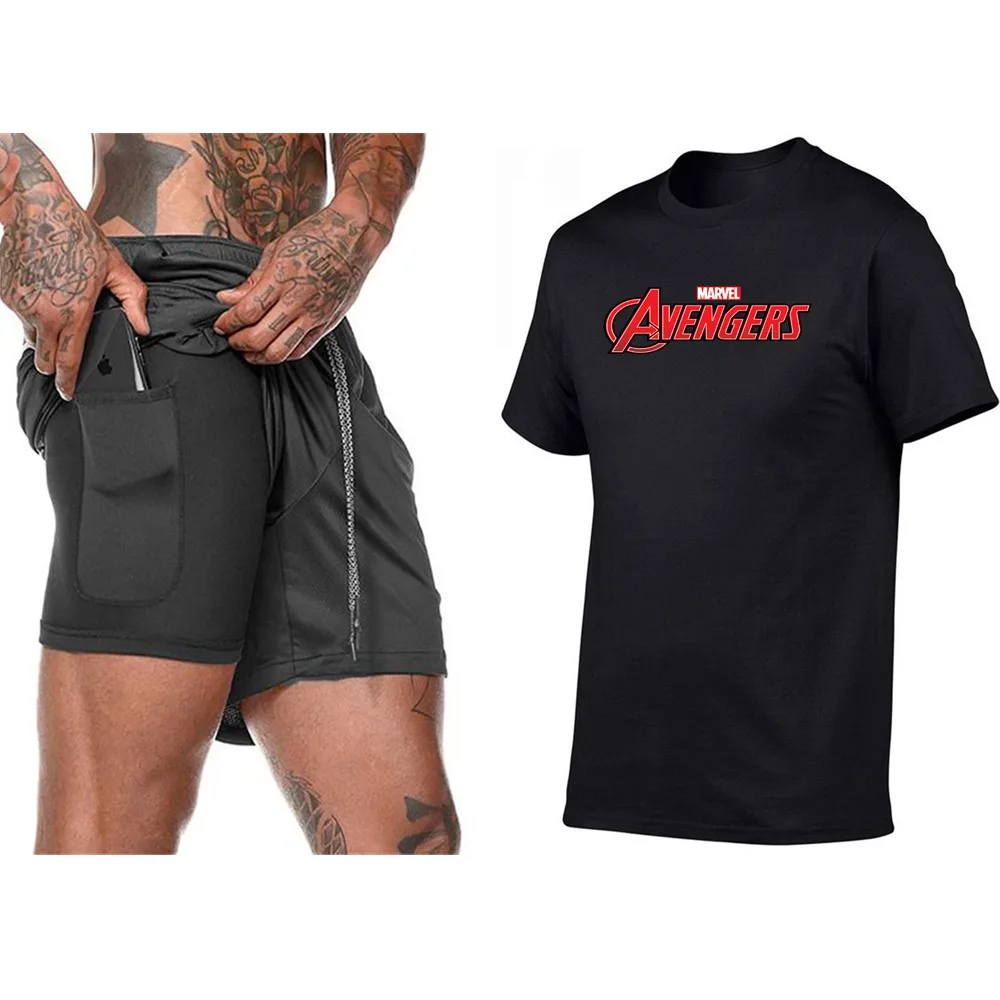 

New 2 in 1 Running Shorts Security Pockets Leisure Built-in Pockets Quick Drying Sport Shorts+Marvel Avengers Causal Men T shirt