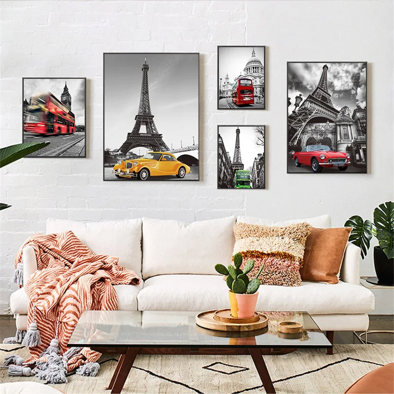 

Vintage France Street View Poster Red Yellow Car Landscape Canvas Painting HD Print Decor Wall Art Pictures for Living Room 5PCS