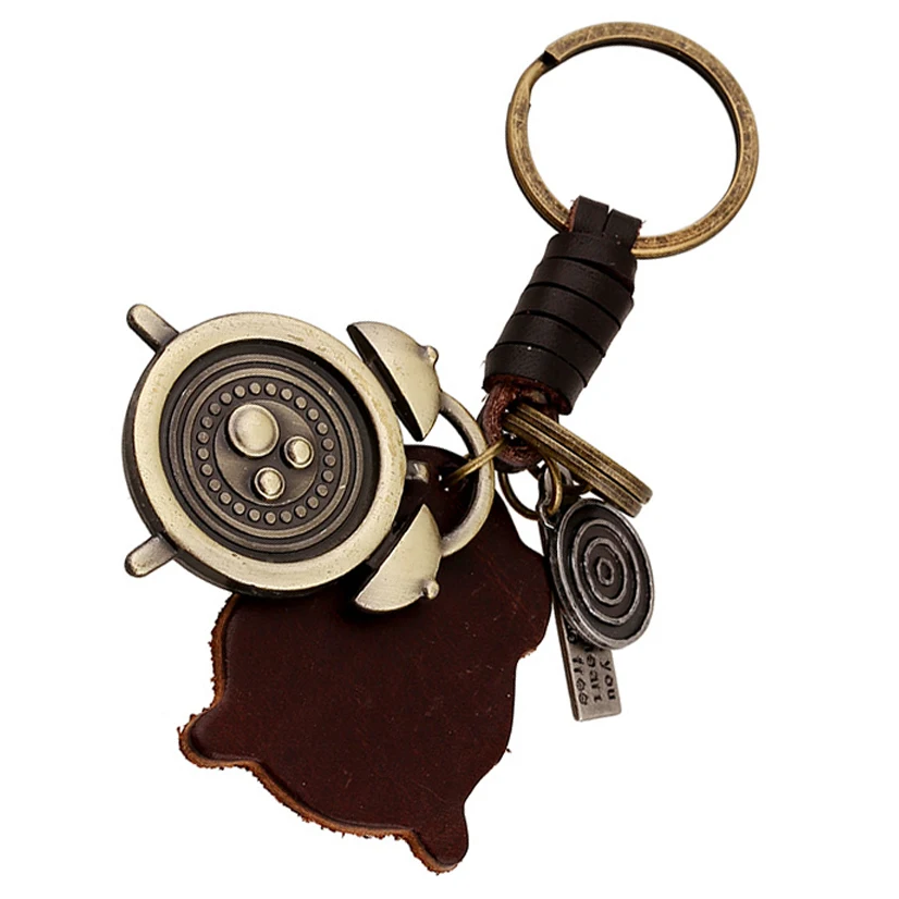 Punk Vintage Alarm Clock Shape Keychain Genuine Leather Key Chain Ring