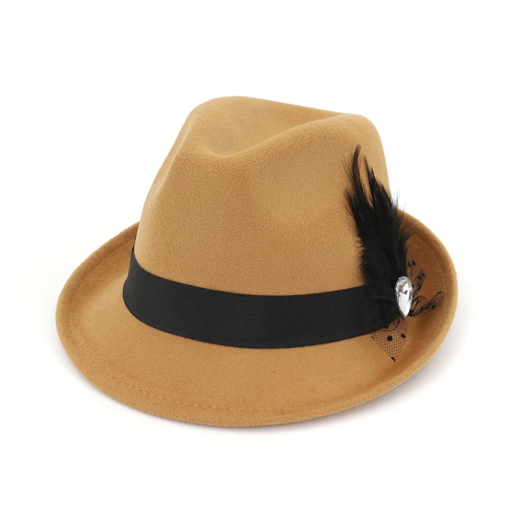 Мужские перьевые свернутые шляпы Fedora винтажные джаз шляпа фетр короткий край шляпа модные вечерние шляпы