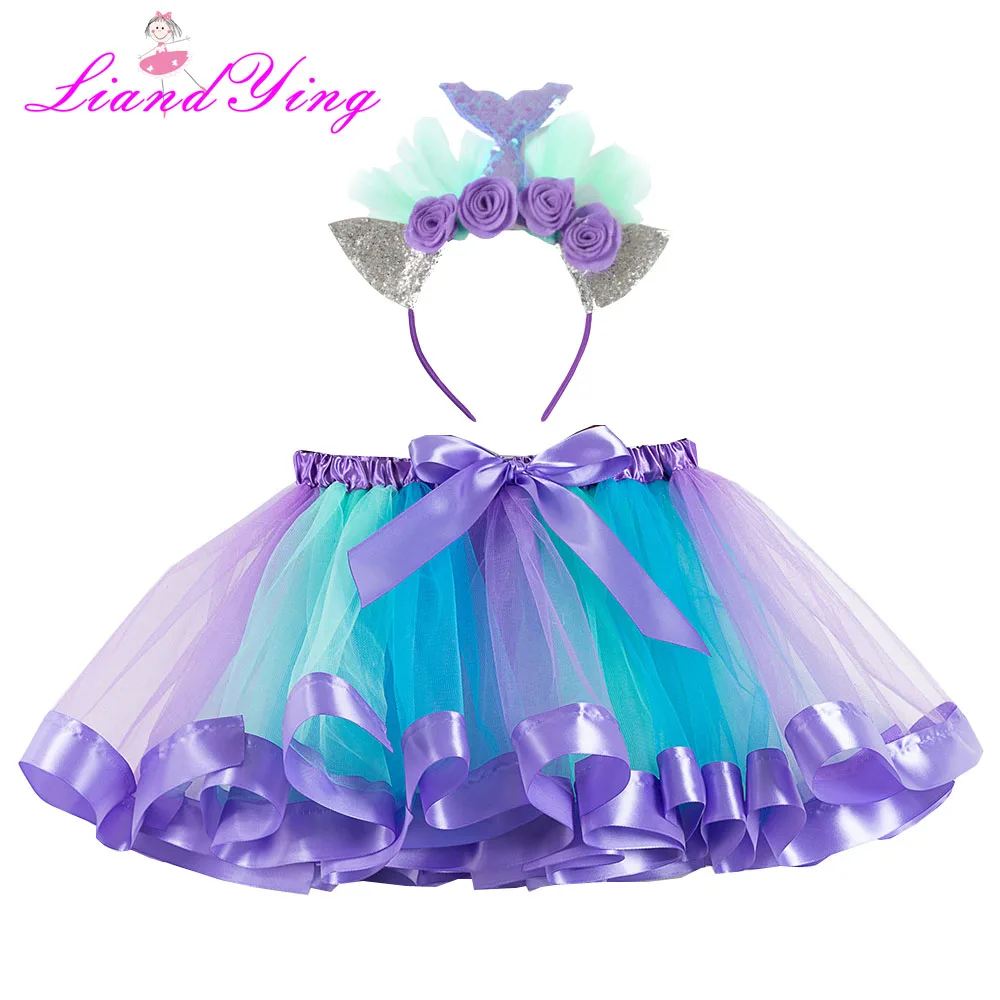 Unicorn Headband Princess Mermaid Tutu Skirt Baby Girls Clothes Rainbow Kids Party Tutu for Girls Skirts Children Ball Gown - Цвет: 6303 with headband