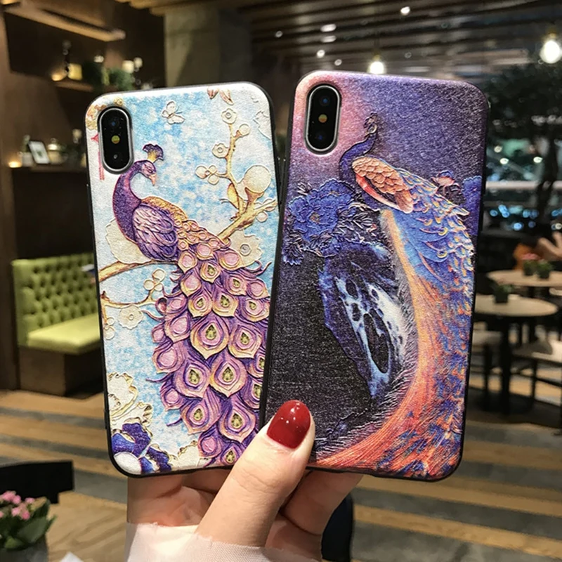 

Chinese Style Peacock For iphone x Case Relief Painting Multicolor Animal Matte Highly Full olor Back Case For iPhone7 8 6 6S