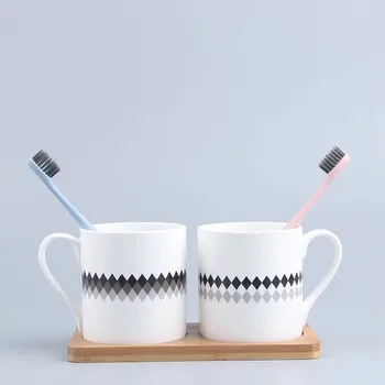 

Houmaid Creative Bathroom Accessories Tumblers Bone China Ceramic Toothbrush Lover Cups Toothbrush Holder Mugs And Bamboo Stand