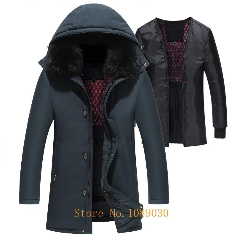 Мужская длинная пуховая куртка для русской зимы, мужская зимняя куртка с подкладкой из белого утиного пуха со съемным меховым воротником, зимнее пальто-30 градусов, 4XL, 5XL