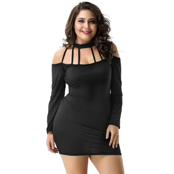 Plus Size 5XL Dress Full Sleeve Sheath 2019 Autumn Dress Casual Black Above Knee Black Bodycon Slim Strappy Halter Dress R70076