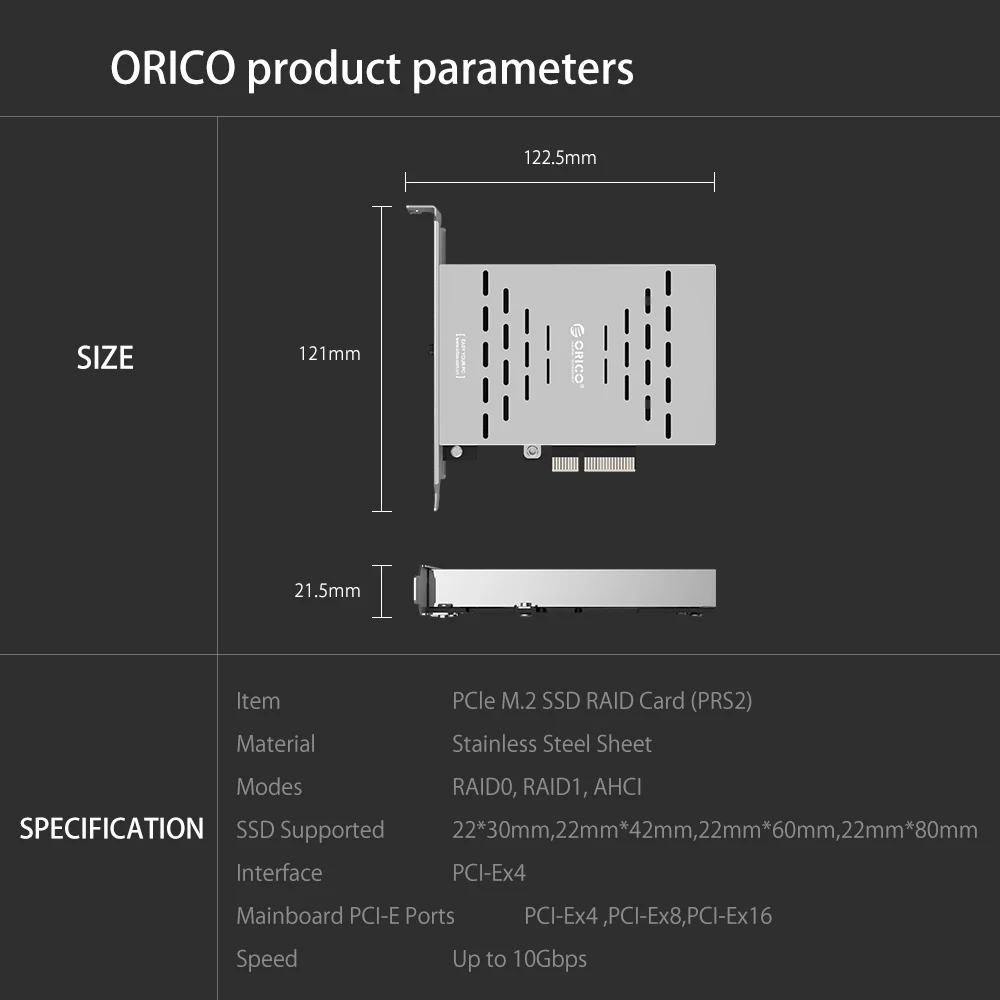 ORICO PRS2 Настольный PCI-E M.2 дисковая карточка SSD из нержавеющей стали высокоскоростной Raid жесткий диск карта расширения