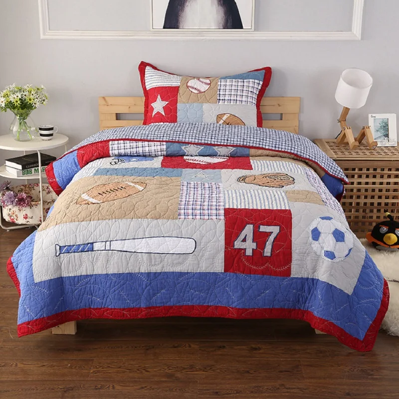 Kids Baseball Sports Embroidered Quilt Set 2pcs Quilted Bedspread
