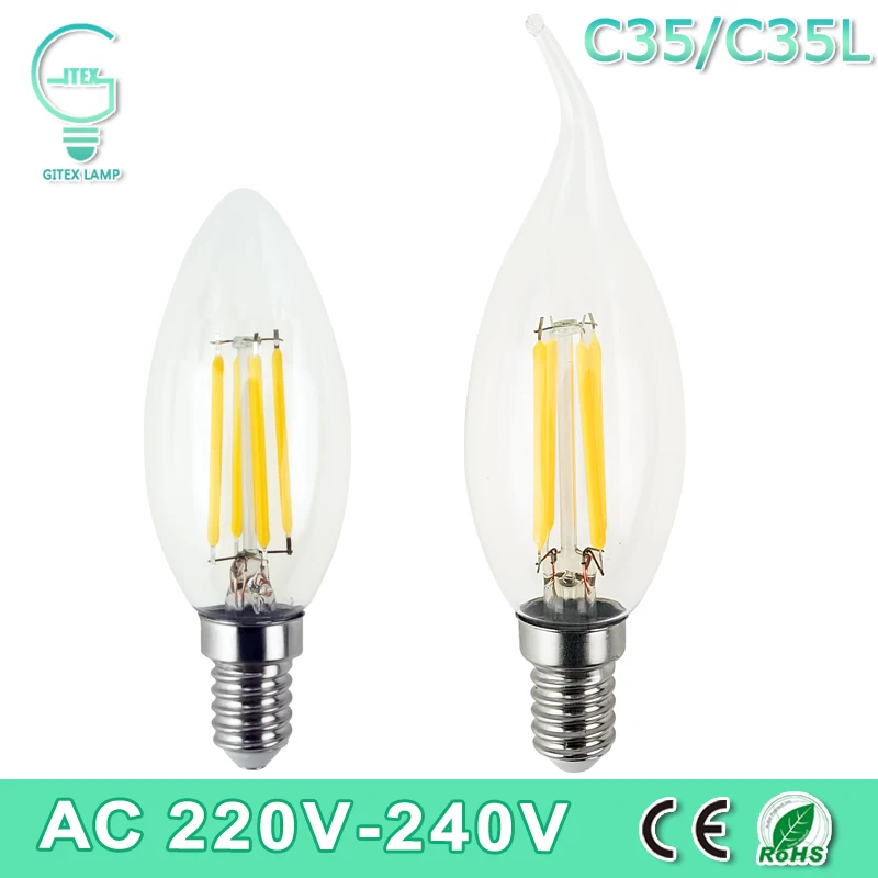 Диммируемый светодиодный светильник Эдисона C35/C35L E14, светодиодный светильник в виде свечи, Ретро Прозрачная лампа 2 Вт 4 Вт 6 Вт 220 в 240 в, Холодный/теплый белый для люстры