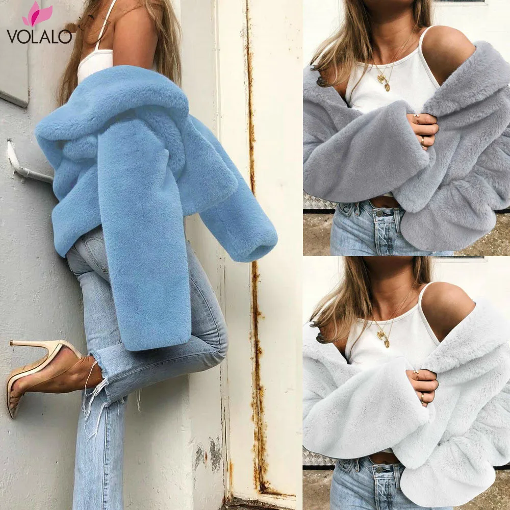 

2019 Winter Warm Fluffy Faux Fur Coats Jackets Women Furry Fake Fur Cropped Jacket Turn Down Collar Open Front Overcoat